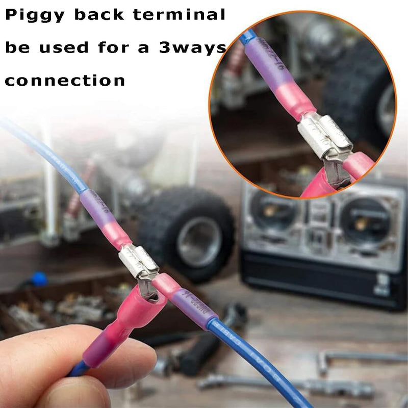 50PCS Heat Shrink Piggyback Spade Connectors, 16-14AWG Electrical Butt Terminals Insulated Quick Splice Crimp Terminal for Marine, Electronics, Automotive AWG16-14 50Blue