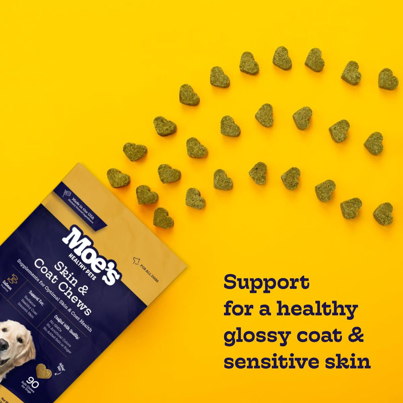 Moe’s Skin & Coat Omega 3, 6, 9 and Vitamin Supplement for Dogs- Supports Dryness, Itch Relief, & Thick, Shiny Coats- Premium Wild Alaskan Salmon Oil- For All Ages and Breeds- 90 Salmon Flavored Chews - PawsPlanet Australia