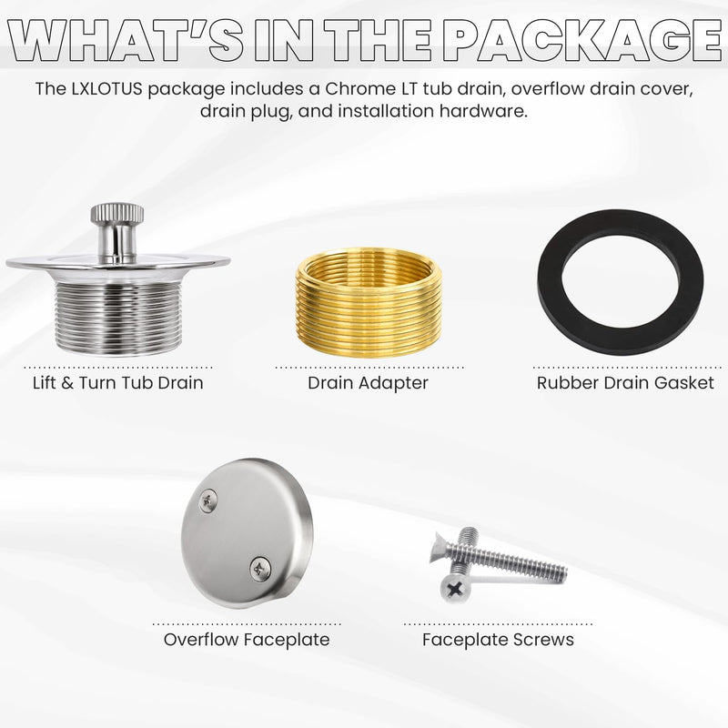Chrome Bathtub Drain Kit, Lift and Turn - Polished Chrome Tub Drain and Overflow Drain Cover, Plug and Kit for Universal Fit 1-3/8" and 1-1/2" Drains