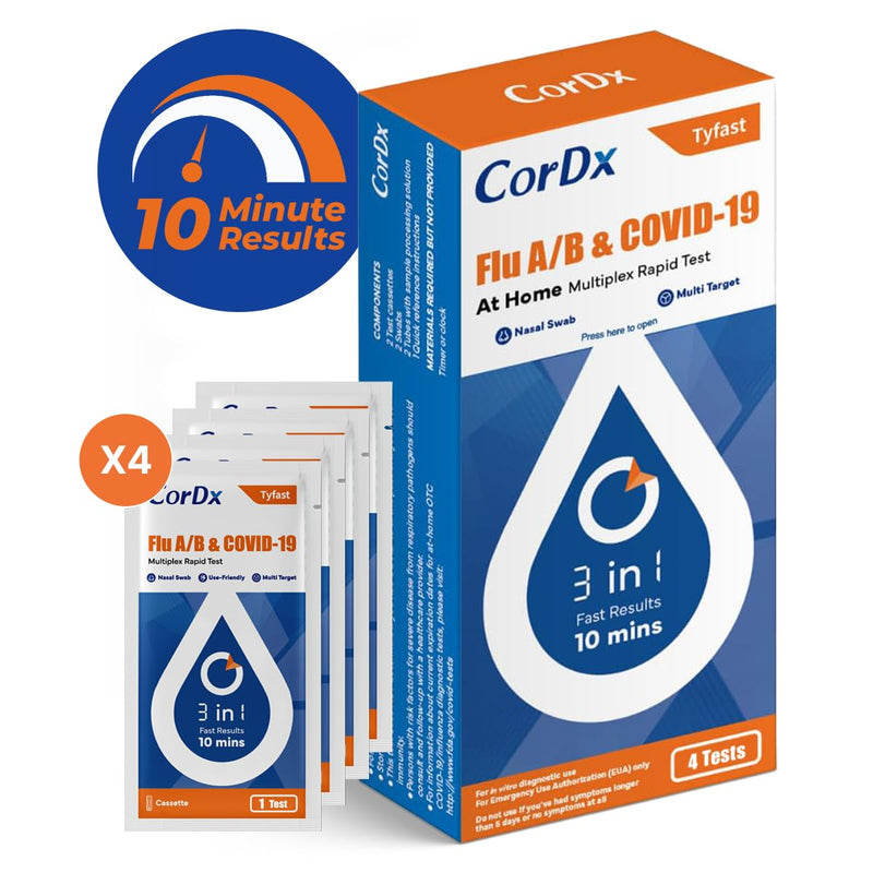 CorDx Tyfast at-Home Flu A/B and COVID-19 Rapid Test Kit, Easy, Accurate, Fast Results in 10 Minutes, 4 Tests.
