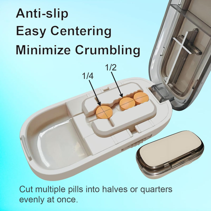 Pill Cutter for Cutting Multiple Pills, 1/2 1/4 Pill Splitter for Large, Small and Tiny Pills, with Improved Sharp Blade, Adjustable Centering Device 1/4 Cream