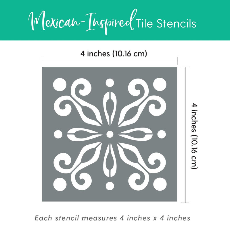 Pack of 4 Tile Stencil Set (4 x 4 inches), Mexican Pattern, Reusable Stencils for Painting Floors/Walls/Furniture, Fits 4” x 4” Tiles, DIY Talavera Mosaic Home Decor, Made in USA 4 x 4 Inches