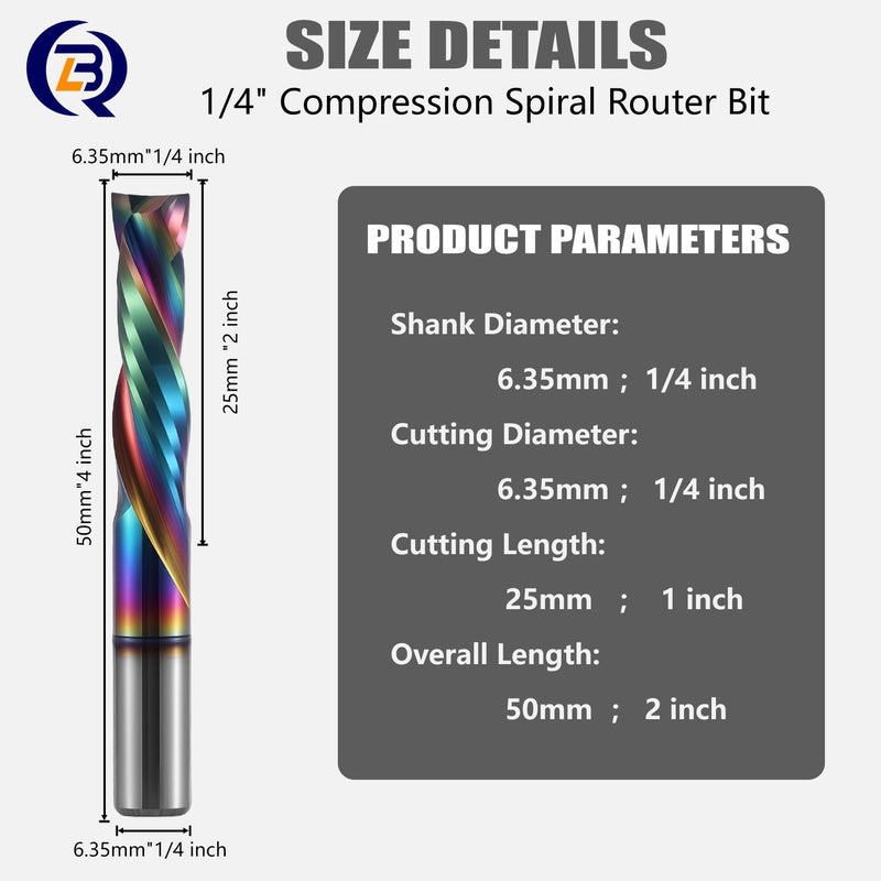 2PCS Solid Carbide Spiral Compression Router Bit 1/4" Cutting Diameter, 1" Cutting Length Up/Down Cut CNC DLC Coated End Mill for Wood Carving, Engraving, Grooving 6.35*25*50 2