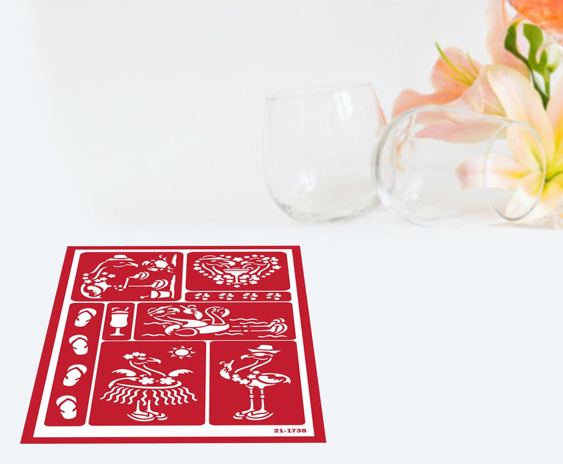 2 Glass Etching Stencils Reusable Template - Hawaii Theme Beach Stencil - Reusable Self Stick Etching Templates with Flamingo, Turtle Design - Set with Brush