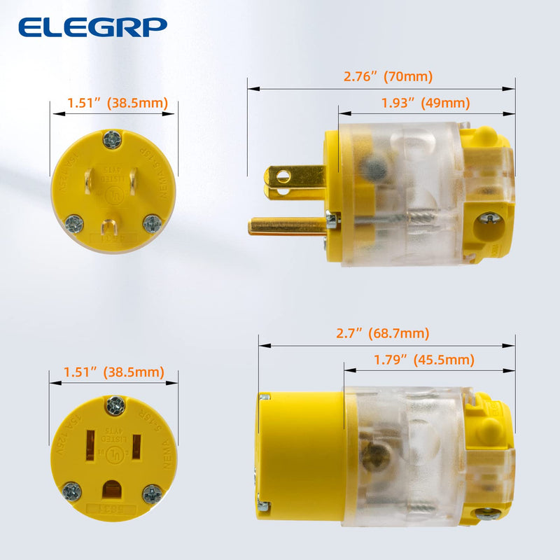 ELEGRP Lighted Straight Blade Electrical Plug and Connector Set 15 Amp 125 Volt NEMA 5-15P NEMA 5-15R 2 Pole 3 Wire Grounding, Commercial Grade, Yellow, 5 Set Plug & Connector Set