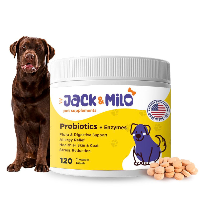 Jack & Milo - Probiotics for Dogs, Digestive Enzymes, Allergy & Immune Support Probiotic-Dog Probiotics, Veterinary Grade, 7.5 Billion CFU's +Pancreatic 4X, Unique Blend- USA Made, 120 Tablets