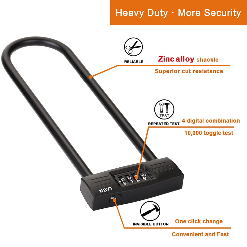 U Bike Lock - Heavy Duty Combination Lock for Motorcycle Wheel, Office Door, Fence & Gate - Resettable, Long Combination U-Lock in Black - Steel/Zinc/PVC Construction - 13.78 x 4.7 x 1.1 Inches 11.22 inches Inside