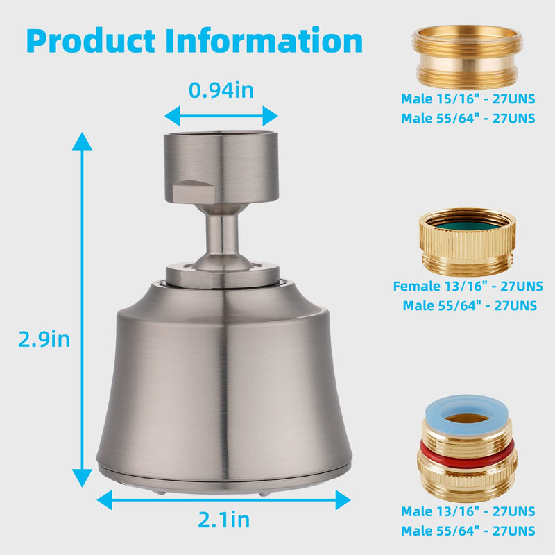 iFealClear Kitchen Sink Faucet Head, 360° Faucet Sprayer Attachment for Kitchen Faucet, Large Angle Faucet Aerator 55/64-27UNS, 2 Metal Swivel Joints, 4 Spray Modes, Brass Adapters, Brushed Nickel 2 Swivel Joints Brushed Nickle