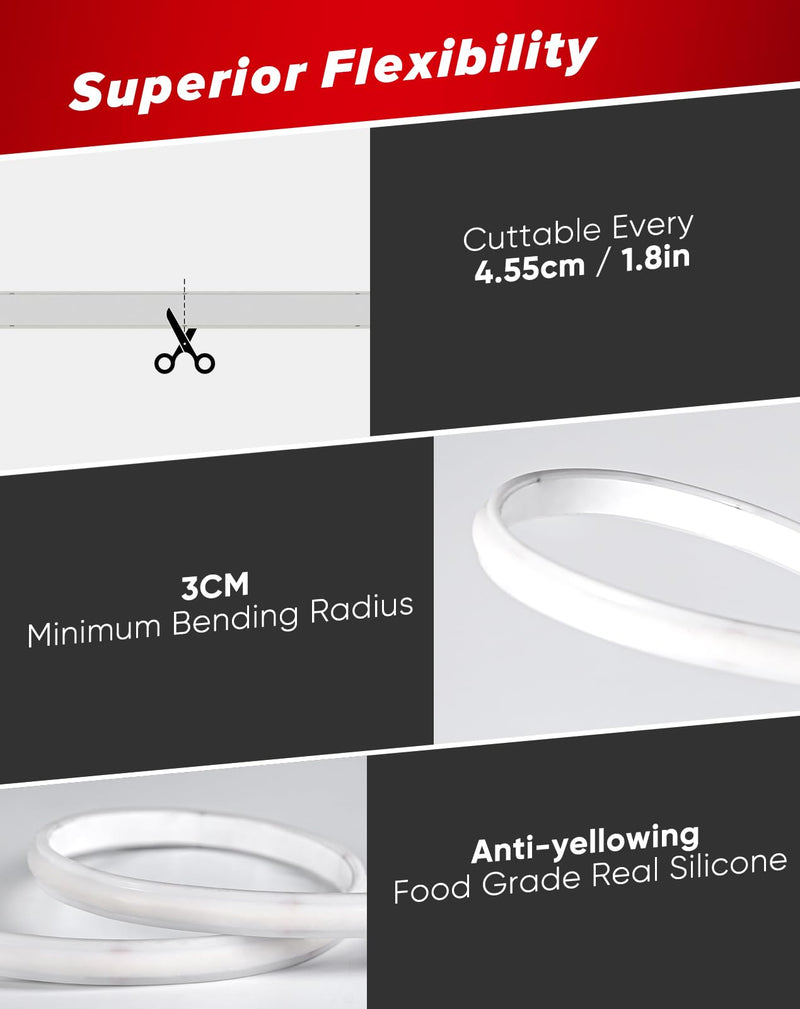 Shine Decor COB LED Rope Light AC 120V, 800lm Ultra Bright, IP65 Waterproof Cold-Resistant ETL Neon Strip, No Driver Tape Lighting for Home Commercial 10x4.5mm, 2800K Warm White, 16.4ft 16.4ft/5m