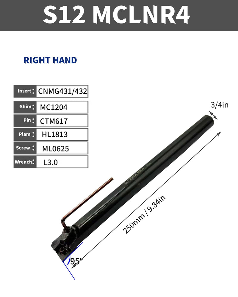 GBJ Lengthened 3/4in Shank Indexable Metal Lathe Turning Tool Holder with 10pcs CNMG431 Boring bar Inserts Carbide Turning Inserts for Steel (S12-MCLNR4+CNMG120404)