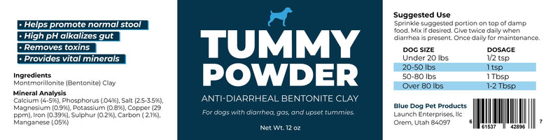 Tummy Powder for Dogs and Cats | Anti-Diarrheal Bentonite Clay Powder | Gas Relief | Stool Firmer | Detox | Anti-Diarrhea | Calcium and Other Minerals | Natural from The Earth | by Blue Dog Pet