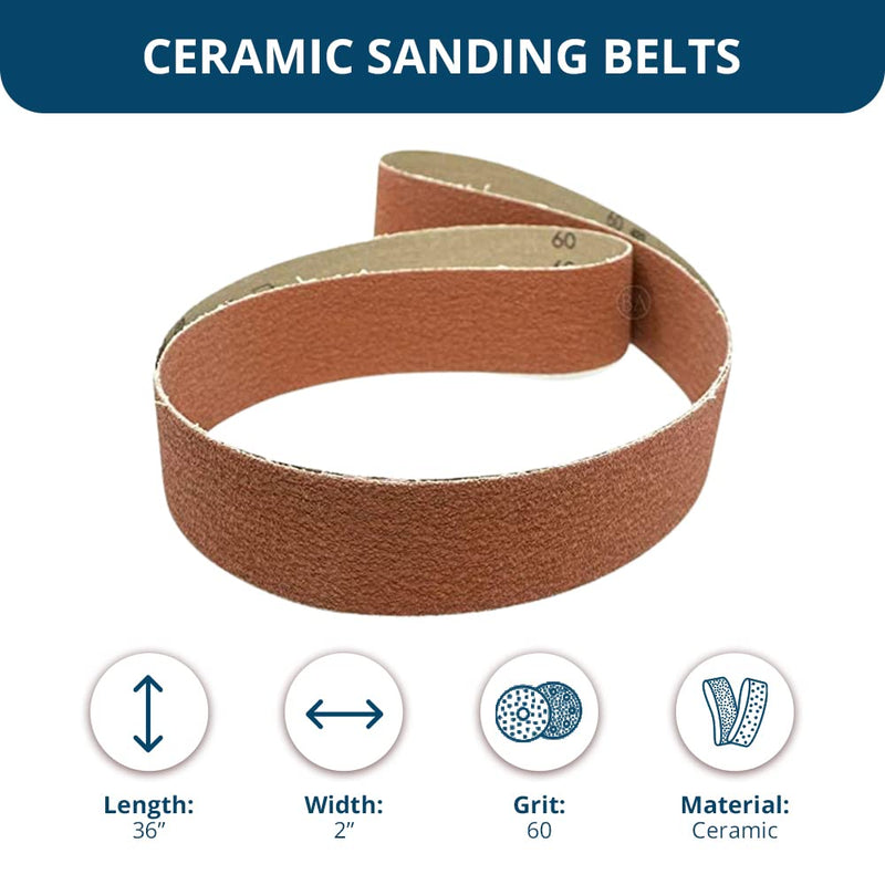 Benchmark Abrasives 2" x 36" Ceramic Sharpening Sanding Belts for Grinding Deburring Polishing Rust Removal on Metal, Stainless Steel, and Carbon Steel, Use with Belt Disc Sander (6 Pack) - 60 Grit