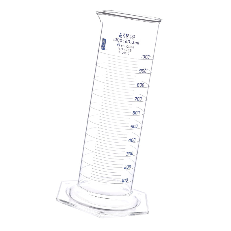 Eisco Labs - Measuring Cylinder, 1000mL - Class A - Squat Form, ISO 4788 Certified, Graduated Glass Cylinder for Lab Use, Precise Liquid Measurement, Scientific Glassware for Chemistry & Research Labs