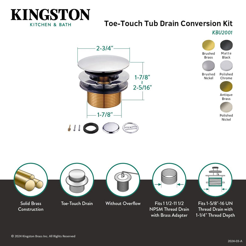 Kingston Brass KBU2008 Eugene Tip-Toe Tub Drain Conversion Kit, Brushed Nickel 2.75 x 2.94 x 2.31