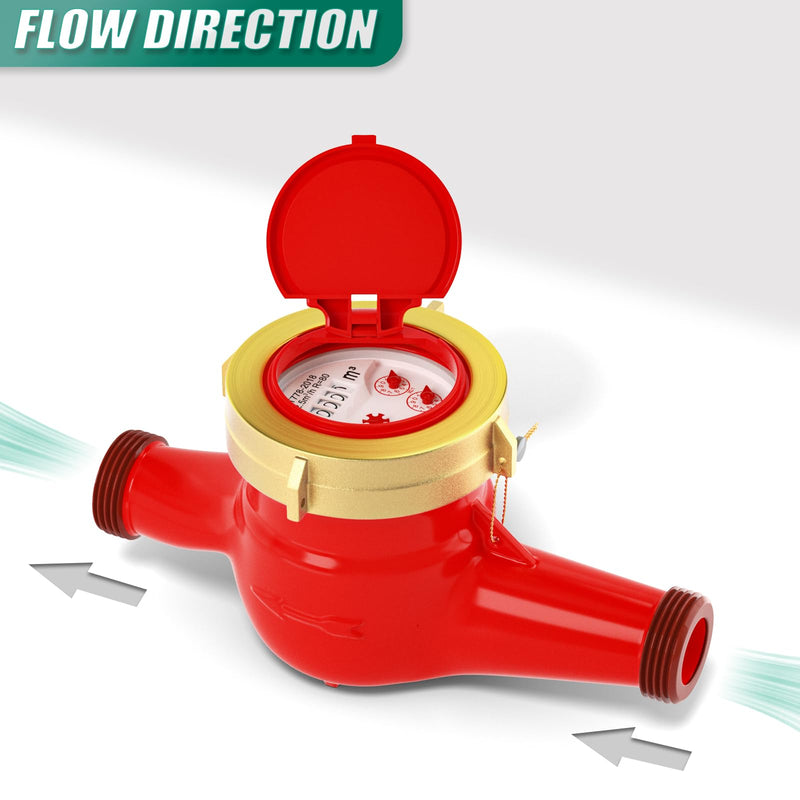 Hot Water Meter, 3/4" NPT Thread Couplings, with Brass Coupling Pipe Fitting, Horizontal Install, for use in Home hot Water Systems