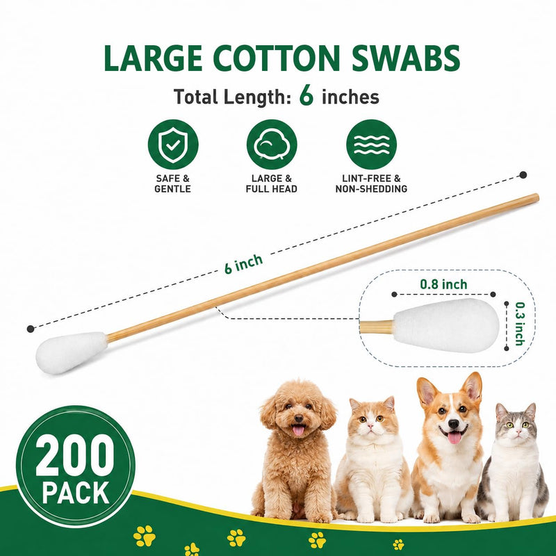 200PCS Long Cotton Swabs in Storage Box,6 Inch Long Cotton Swab with Bamboo Handle for Dogs and Cats - Lint Free,Gentle and Soft Cotton,Ear Swabs Specially Designed for Dogs Ear Cleaning