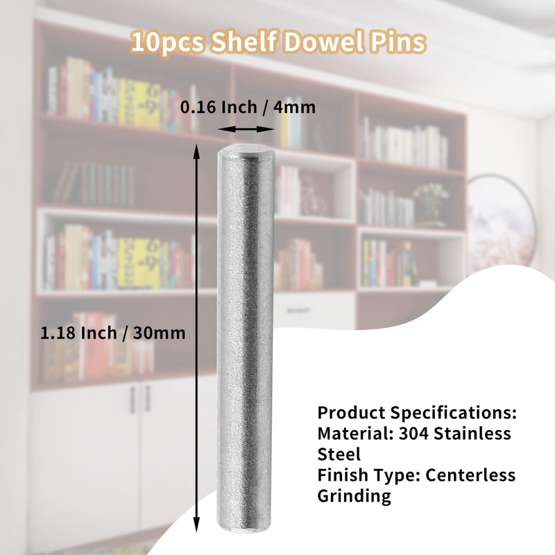 10pcs Shelf Dowel Pins 4x30mm Stainless Steel Pegs, Bunk Bed Support Pins Rod Fasten Elements, Cabinet Dowel Pin Hardware Smooth Metal Dowel Pegs for Shelves Crib Bunk Bed (Silver)