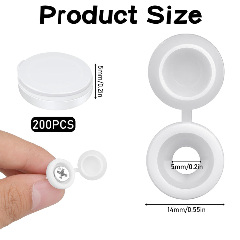 200Pcs Plastic Hinged Screw Cover Caps, 5mm Folding Screw Cover Cap with White Screw Caps, Shutter Screw Caps Snap Washer Covers Flip Tops for Covering Screw Heads, Screw Protection