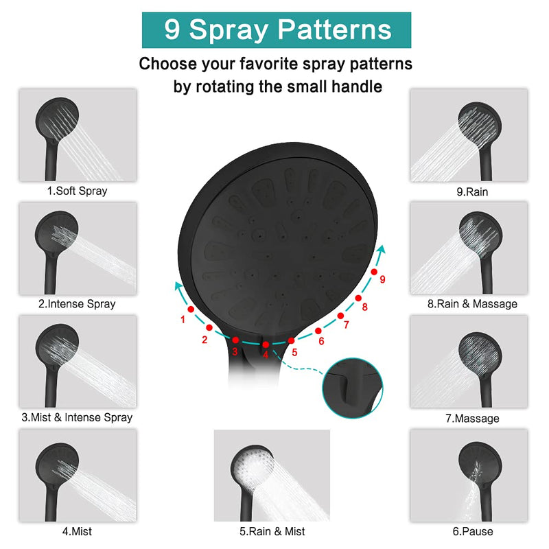 Shower Head, 8‘’ High Pressure Rainfall/Handheld Shower Combo with 11'' Extension Arm, 9 Settings, Anti-leak Shower Head with Holder, Height/Angle Adjustable, Chrome, Matte Black 8 inch - Matte Black