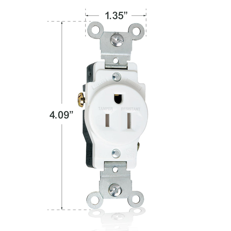 Faith 15A/125V Commercial-Grade 3-Prong Tamper-Resistant Single Receptacle Outlet White TR115R-WH, Commercial-Grade Electrical Outlet, 2-Pole Power Outlet, 15-Amp Outlet with Side Wiring Installation