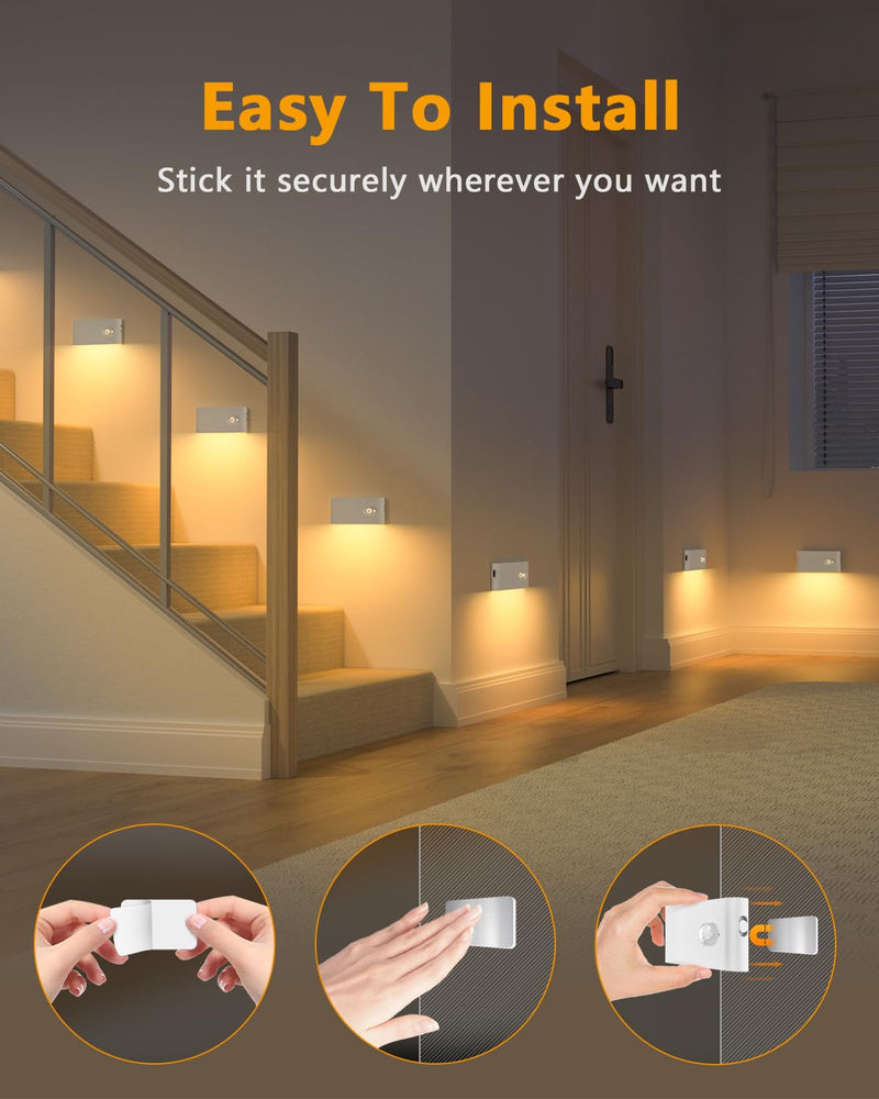 WILLED Stair Lights Indoor,Warm White Rechargeable Night Light,Wireless Motion Sensor Night Light,Battery Stick On Lights for Stairway,Hallway,Kitchen,Closet,Cabinet,Bedroom,Kids' Room(4-Pack) 4 Pack