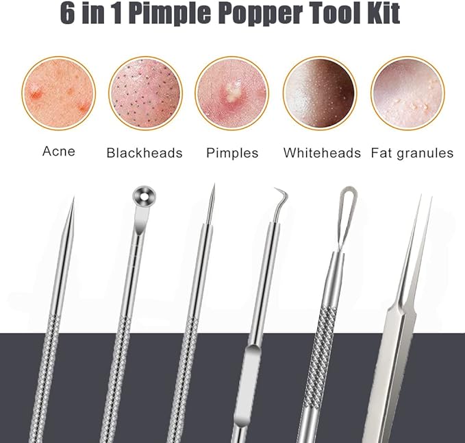 Pimple Popper Tool Kit 6 Pieces Blackhead Remover Acne Needle Tool Set Removal Treatment Comedon Whitehead Popping Pit Nose/Face/Skin Spot Remover Tool Silver - NewNest Australia