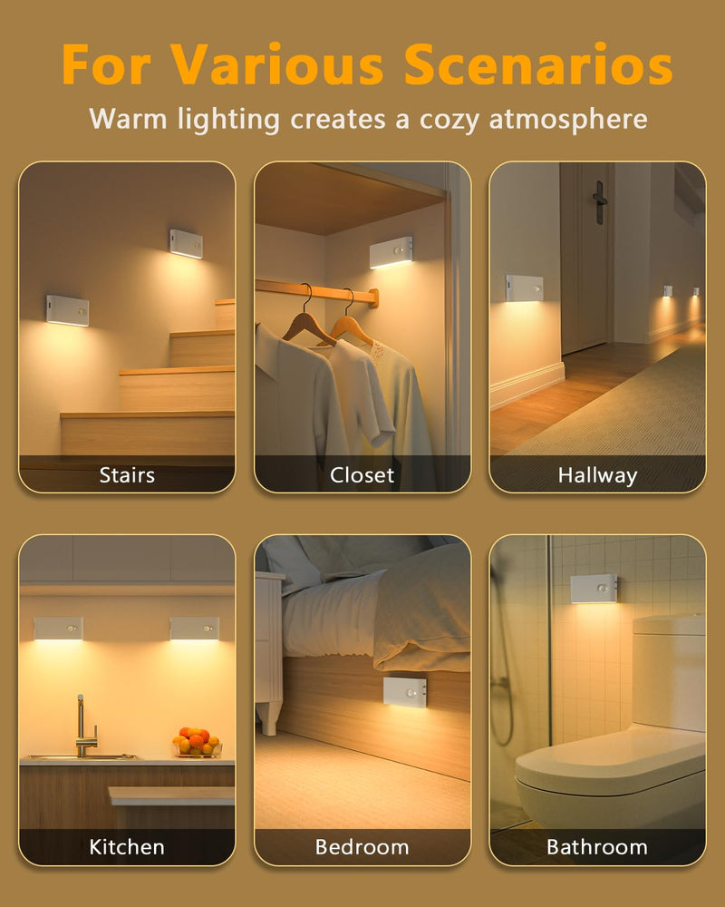 WILLED Stair Lights Indoor,Warm White Rechargeable Night Light,Wireless Motion Sensor Night Light,Battery Stick On Lights for Stairway,Hallway,Kitchen,Closet,Cabinet,Bedroom,Kids' Room(4-Pack) 4 Pack