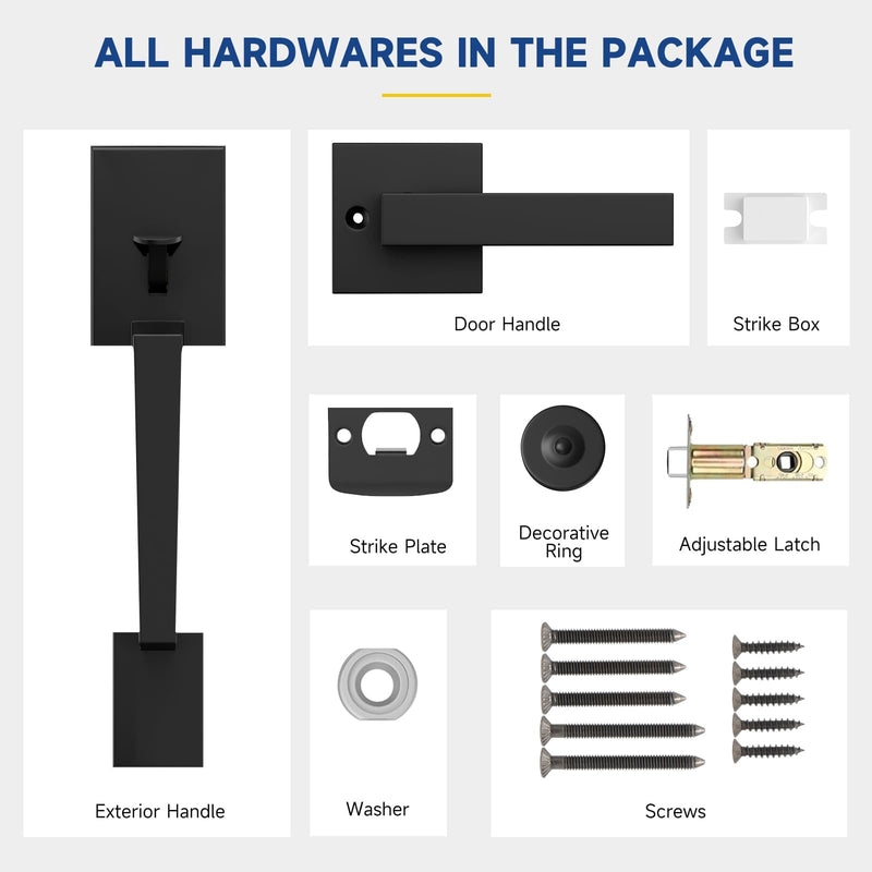 Black Front Door Handle No Lock, Modern Exterior Door Handle with Passage Lever, Reversible for Left & Right Hand Door, Front Door Handleset Matte Black No Deadbolt