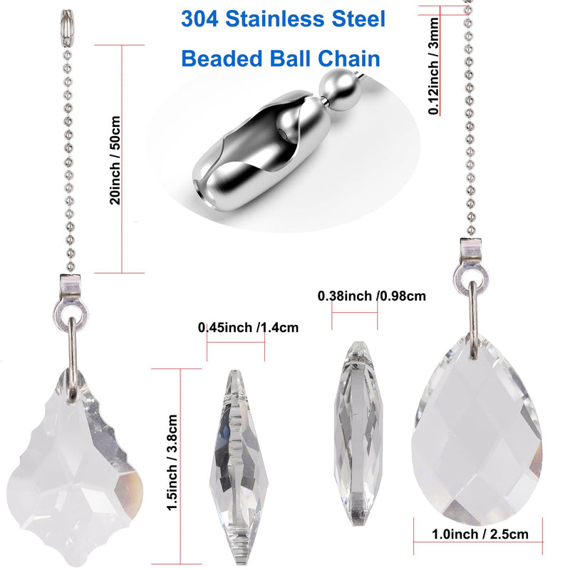 2PCS Crystal Ceiling Fan Pull Chain, Decorative Fan Pull Chain Pendant Extension, 20-inch Lighting & Fan Beaded Ball Chain Extender with Connector (Clear) Transparent-2