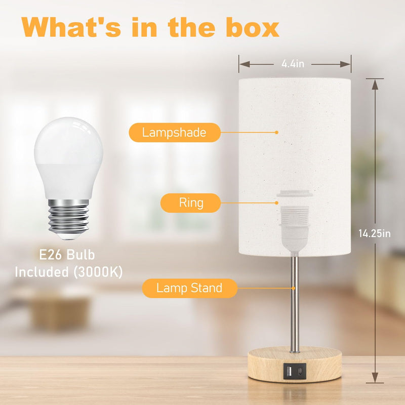 AKASUKI Table Lamp for Bedroom, 3 Way Dimmable Touch Lamp with Dual Charging Station, Small Bedside Lamps for Night Stands, Living Room, Office(LED Bulb Included) Cream Shade-Wood Base 14.25 in