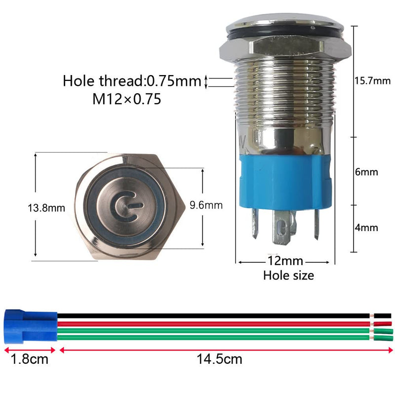 2pcs 0.47"/12mm Stainless Steel Self-locking Latching Push Button Switch 12V-24V 3A Power Symbol LED Normally Open SPST ON Off Waterproof Toggle Switch with Wire Socket Plug (Blue+Red) Blue&Red-Latching