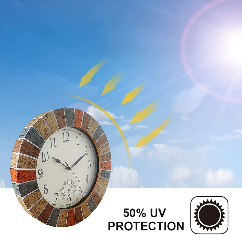 UMEXUS Indoor Outdoor Clock and Thermometer, 13 Inch Large Waterproof Weatherproof Wall Clocks, Retro Silent Non-Ticking Battery Operated Decor for Garden Kitchen Bathroom Sandstone Yellow