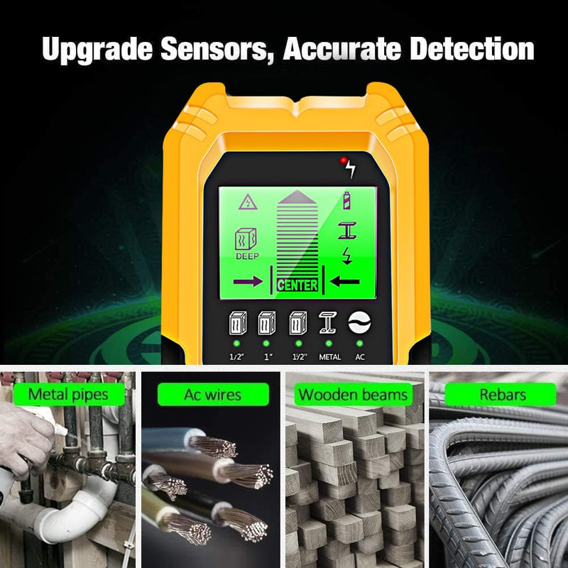 Stud Finder Wall Scanner 5 in 1 Multifunctional Upgraded Smart Wall Scanner, Stud Sensor Beam Detector with Battery for Wood Metal and AC Wire Detection, Comes with HD LCD Display and Audio Alarm Yellow