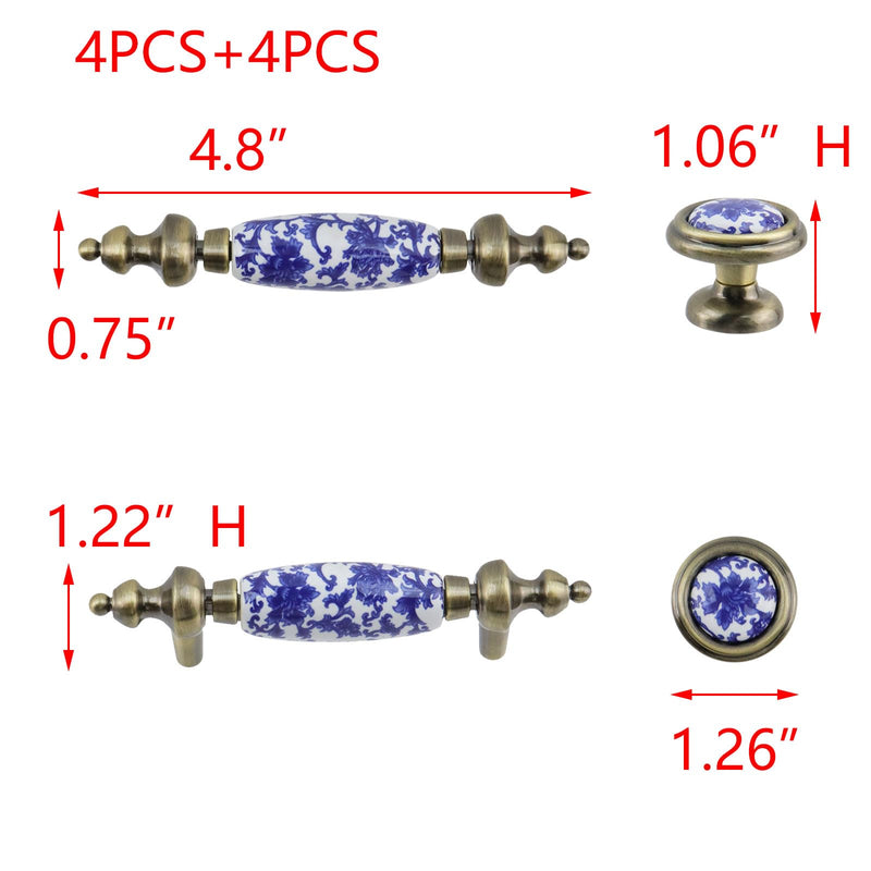 T Tulead Ceramic Drawer Knobs 1.26"×1.06", Cabinet Handle Pulls 3" Hole Centers, Blue and White Porcelain Pulls Handles Knobs Sets, Zinc Alloy Base, 4 Sets with Screws