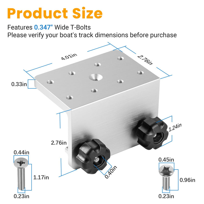 Boat Track Mount Base, 90° Aluminum Bracket for Fishing Rod Holders, Downriggers, Cup Holders & Fish Finder Mounts, Compatible with Lund, Ranger and Lowe Boats
