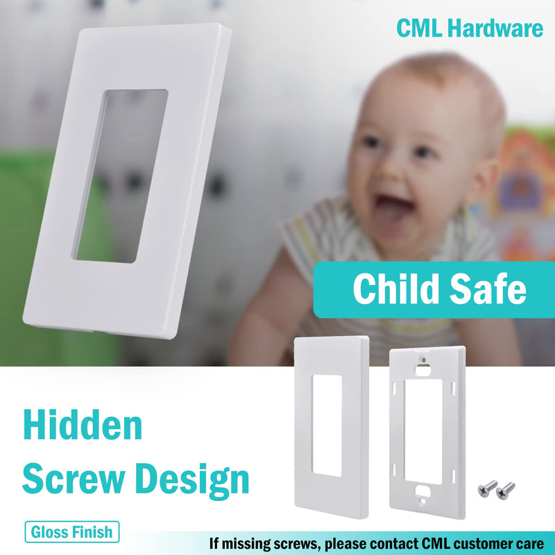 CML Decorator Screwless Wall Plate, 1-Gang Receptacle Outlet Cover, 8 Pack Hidden Screw Smooth Face Switch Plates, Standard Size 2.91"x4.68", Impact Resistant, White Gloss White