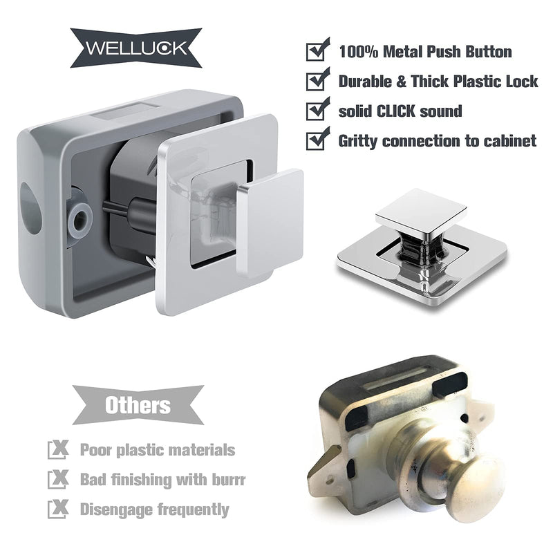 WELLUCK Keyless RV Push Cabinet Locks, Metal Push Button, 5 Packs Camper Cupboard Knob RV Compartment Latch Catches for Caravan Yacht Boat Motorhome Cabinet Drawer, Zinc Alloy Button & Solid Push Rod Push Button/5 Packs