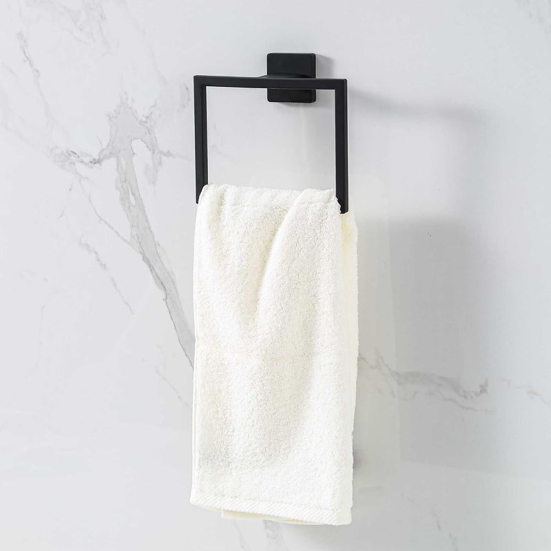 2 Pcs Square Towel Rings Black Hand Towel Holder Wall Mounted Hand Towel Rack Stainless Steel Kitchen Towel Holder Hand Towel Bar Bathroom Accessories for Towel Storage (Matte Black)
