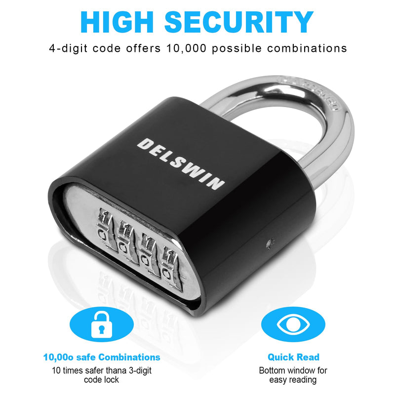 DELSWIN 4-Digit Combination Lock Outdoor Padlock - Heavy Duty Locker Lock with Hardened Steel Shackle, Waterproof Combo Lock for Gym Locker, Hasp Storage, Shed, Fence, Gate (Black,1Pcs) Charcoal Black 1 Piece