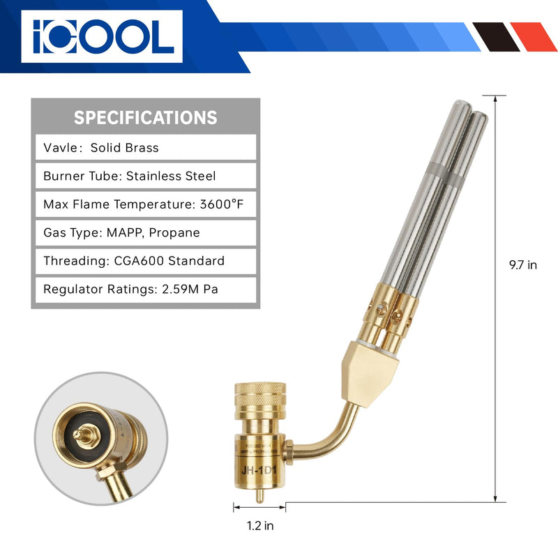 ICOOL Double Flame Hand Torch, Maximum Temperature 3600℉, Propane MAPP Gas Torch for Welding Brazing Plumbing HVAC