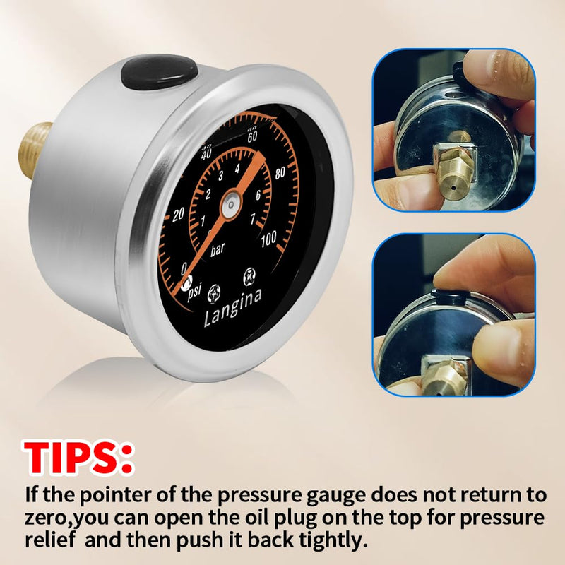 0-100Psi Fuel Pressure Gauge, 1/8" NPT Fuel Pressure Gauge, Back Mount, Glycerin Filled Pressure Gauge with Dual use 5/16" Barb(8mm) to 3/8"(10mm) Barb Hose Fitting