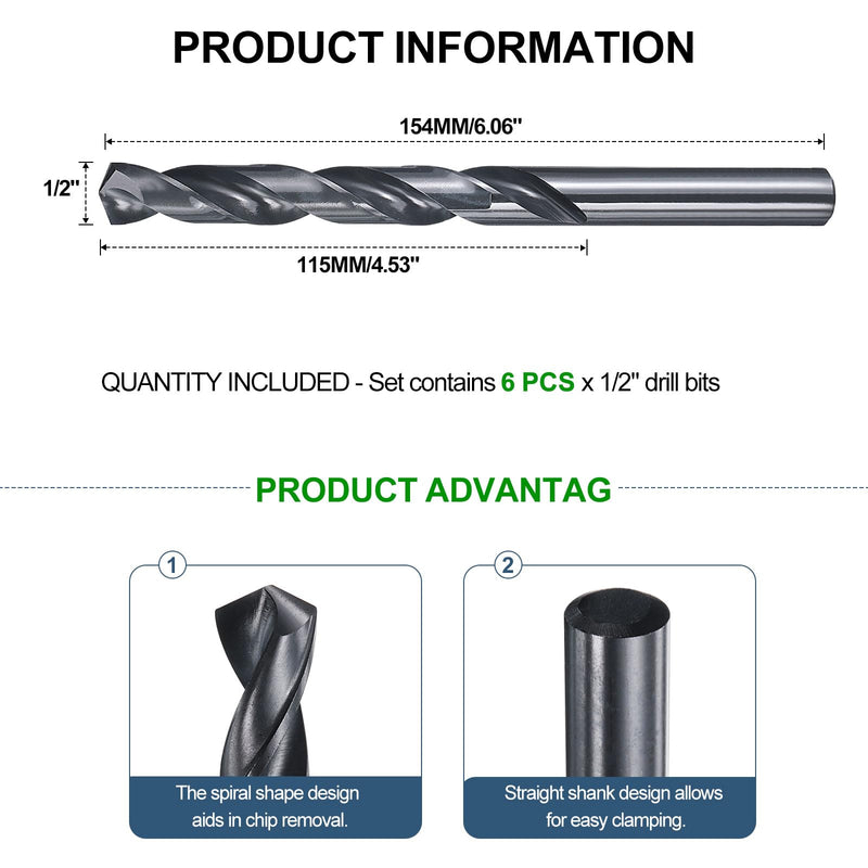 METALLIXITY Drill Bit (1/2") 5Pcs, M35 High-Speed Steel Straight Shank Spiral Flute 135°Point Tip Nitriding Black Finish for Stainless Steel Iron Copper Aluminum Hard Metal 1/2 in 5