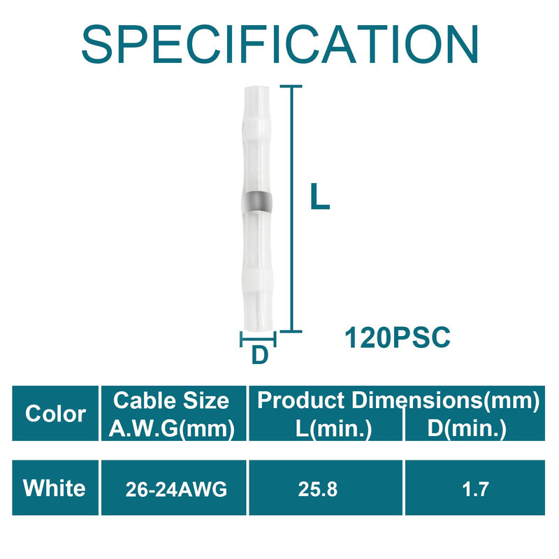 120PCS Solder Seal Wire Connectors, Heat Shrink Wire Butt Connectors, 26-24AWG Waterproof Solder Stick Wire Connectors. 26-24AWG(120PCS) White