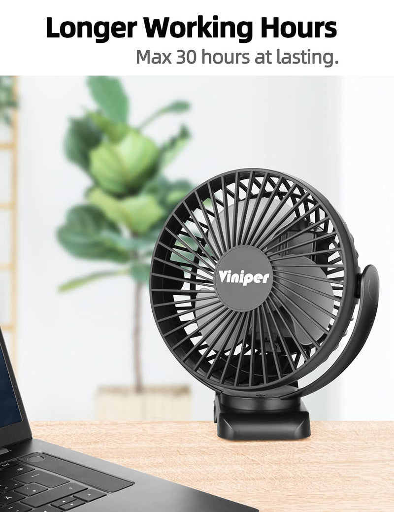 Viniper 6 inch Rechargeable Clip on Fan, 5000mah Battery Desk Fan : 360° Rotation & 3 Speeds Strong Wind Portable Fan, 8-30 Working Hours, Quiet and Powerful (Black) Black 5000mah Clip fan