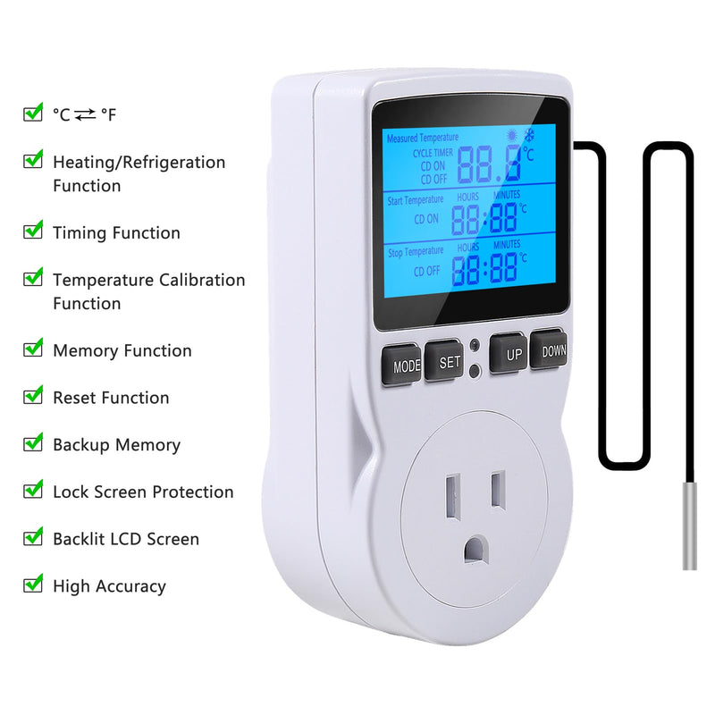 UMLIFE 2Pack Digital Thermostat Temperature Controller Electric Digital Thermostat Heating Cooling Control Mode Timer 1800W 120V 15A Greenhouse Heater with Thermostat Backlit Display 2PCS