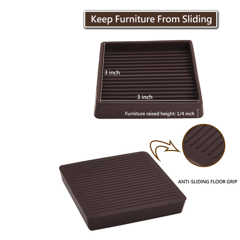 3x3 Square Rubber Furniture Caster Cups, Anti-Sliding Furniture Pads Bed Stopper Floor Protectors with Grip - Protect Any Flooring 3"x3" 4 Pcs Bronwn