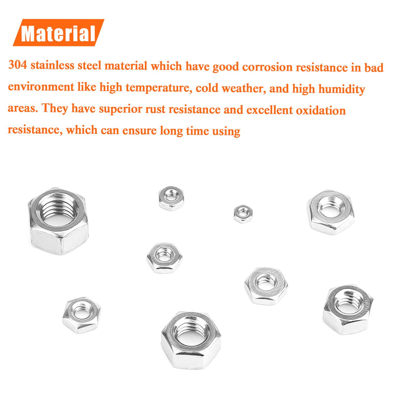 210 Pieces 9 Sizes 304 Stainless Steel #2-56 to 3/8"-16 Hex Nuts Assortment Kit (#2-56#4-40#6-32#8-32#10-24#12-24 1/4"-20 5/16"-18 3/8"-16) 210 Pieces Hex Nuts Kit