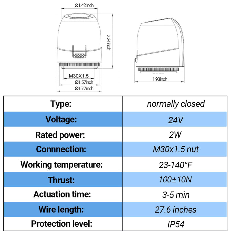 WiseWater Normally Closed 2 wire 24V Electric Thermal Actuator, 2-wire Connection Electric Actuator Thread M30*1.5 for Floor Heating Manifold in Underfloor Heating System