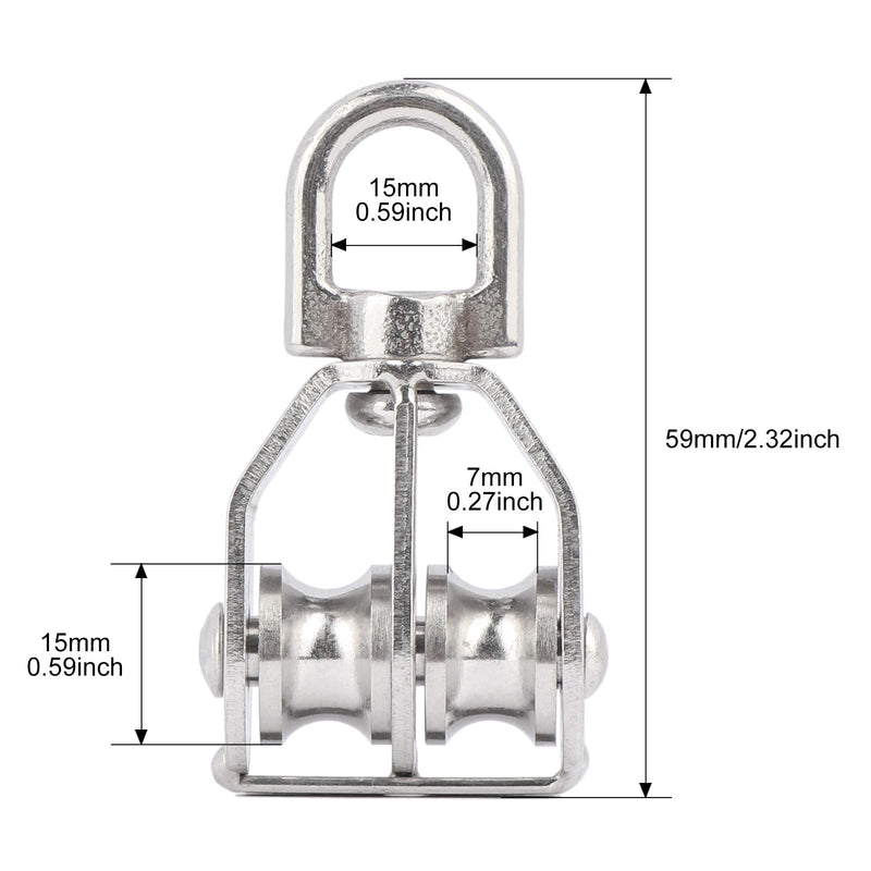 2PCS M15 Double Sheave Pulley Block 304 Stainless Steel Lifting Crane Swivel Hook M15-2PCS
