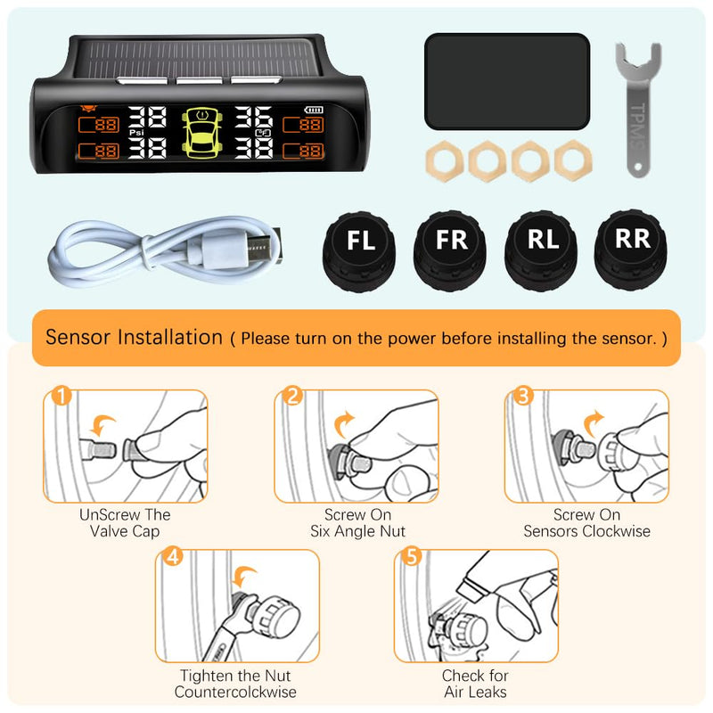 Tire Pressure Monitoring System - TPMS Tire Pressure Monitor System with Solar Charger, TPMS with 4 External sensors & 5 Alarm Modes, LCD Real-time Display, Auto Sleep Mode, Easy to Install(Orange) 4-Sensors-Red